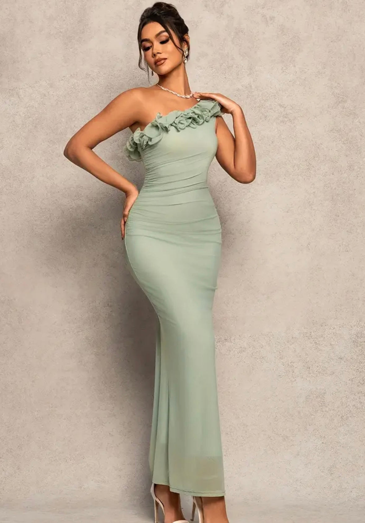 Elegant One-Shoulder Ruffles Dress - Pistachio - size M & L