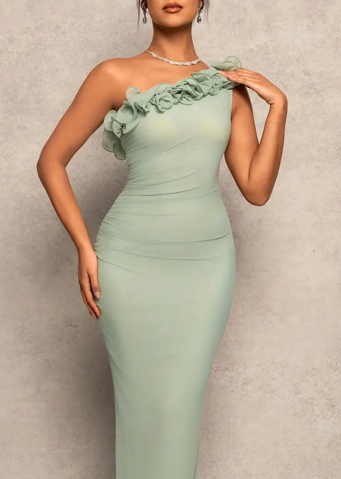 Elegant One-Shoulder Ruffles Dress - Pistachio - size M & L