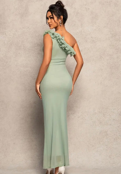 Elegant One-Shoulder Ruffles Dress - Pistachio - size M & L