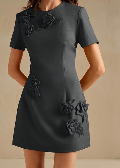 Chic Mini Floral Applique Dress - Charcoal - size M