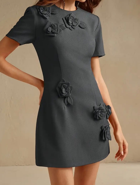 Chic Mini Floral Applique Dress - Charcoal - size M