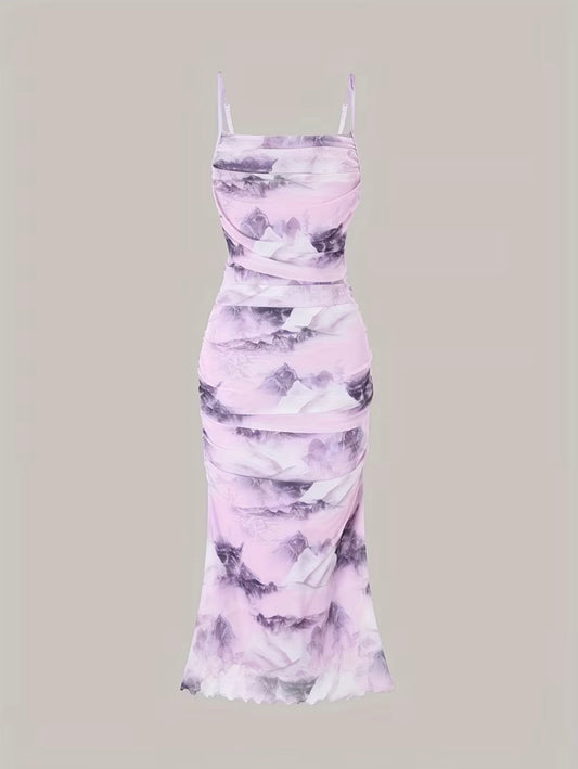 Mountain Print Mesh Dress - Purple