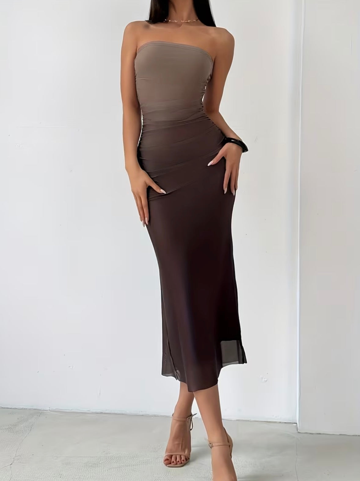 Gradient Bodycon Mesh Dress - Coffee