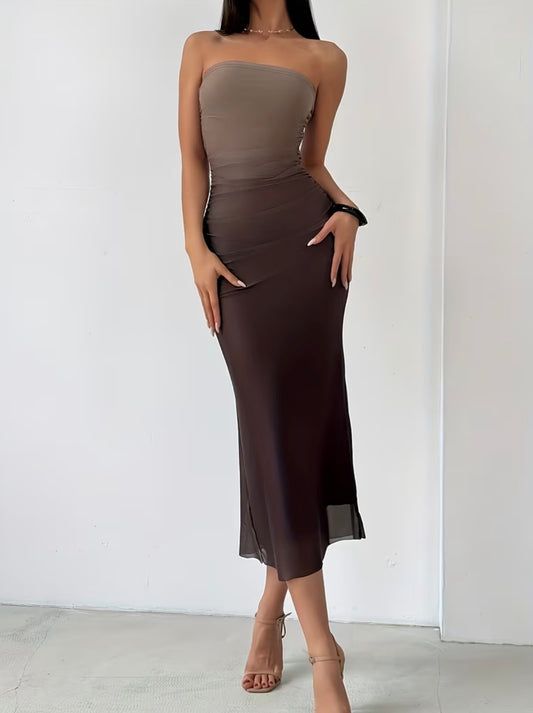 Gradient Bodycon Mesh Dress - Coffee