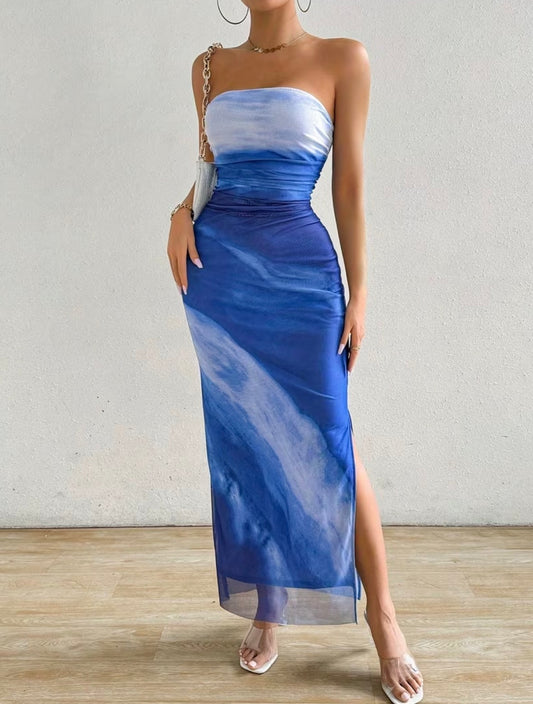 Gradient Bodycon Mesh Dress - Blue