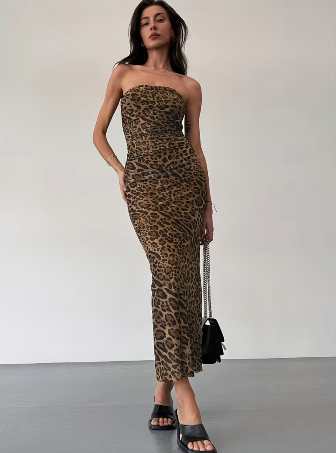 Leopard Bodycon Mesh Dress - Brown