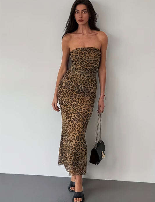 Leopard Bodycon Mesh Dress - Brown