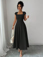 Short Sleeve Midi Flared Dress - Black