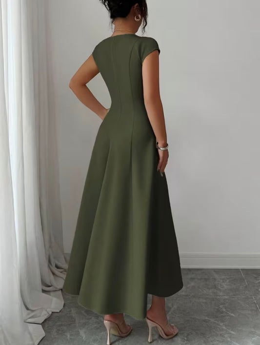 Short Sleeve Midi Flared Dress - Olive - L only