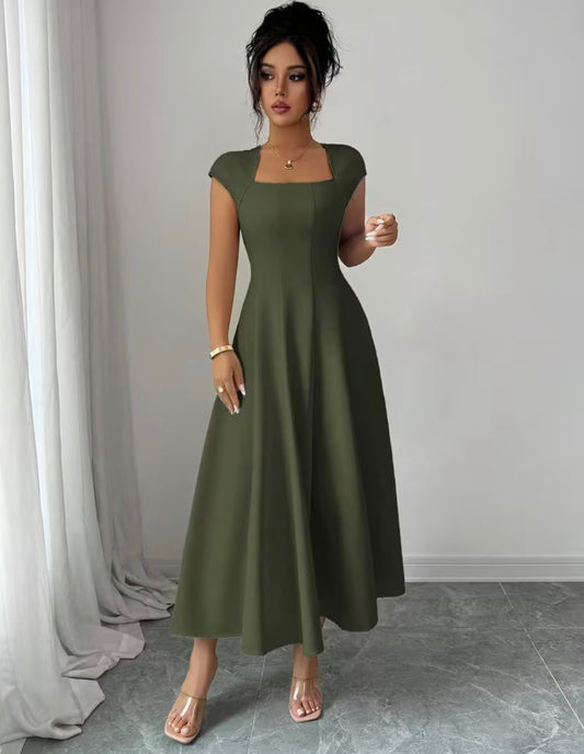 Short Sleeve Midi Flared Dress - Olive - L only