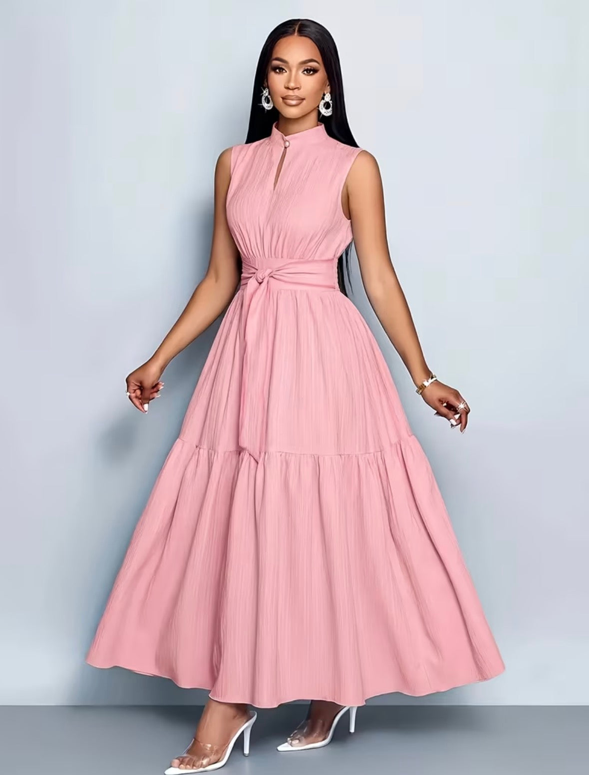 Sleevless Long Flared Dress - Pink