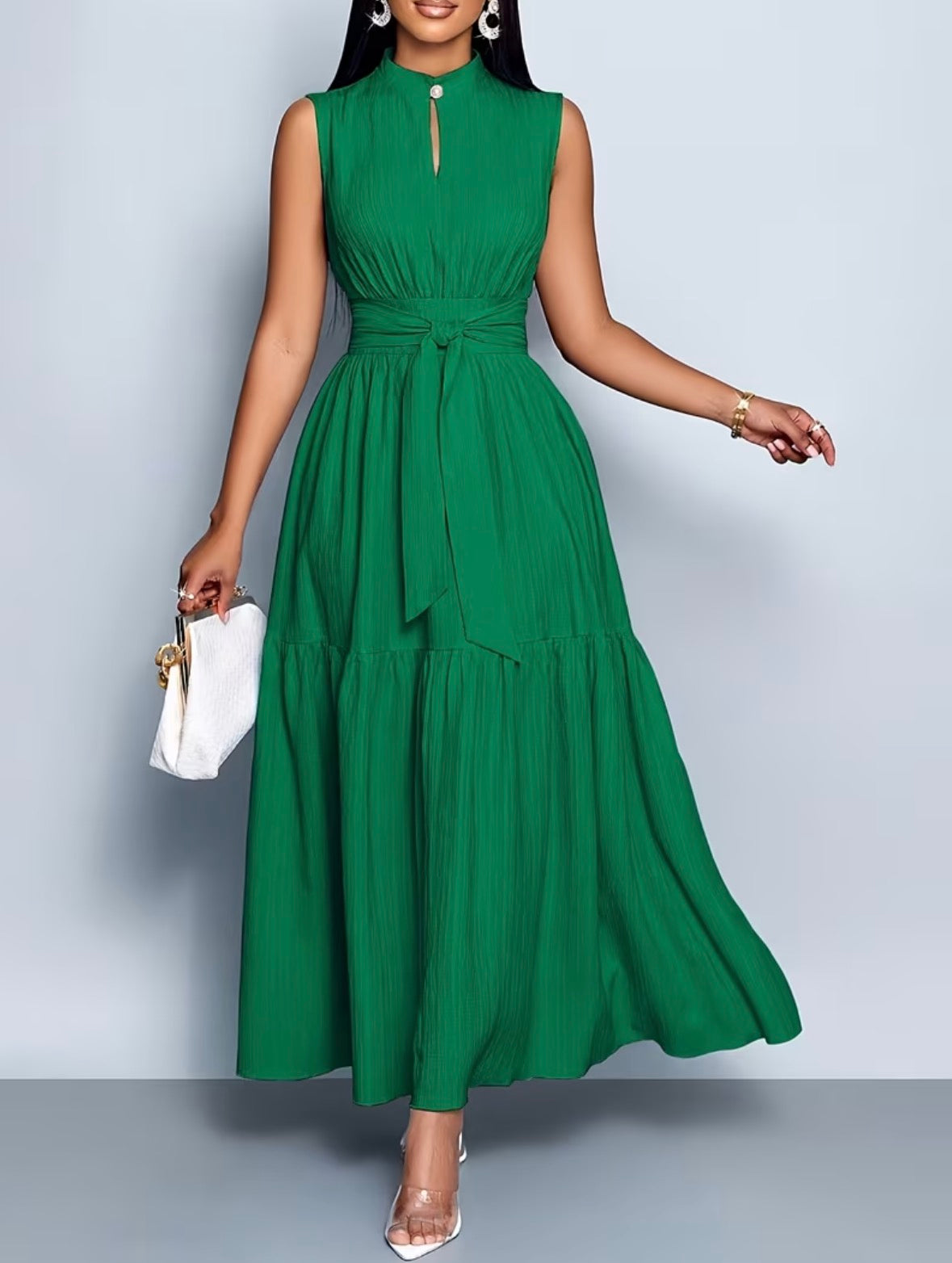 Sleevless Long Flared Dress - Green