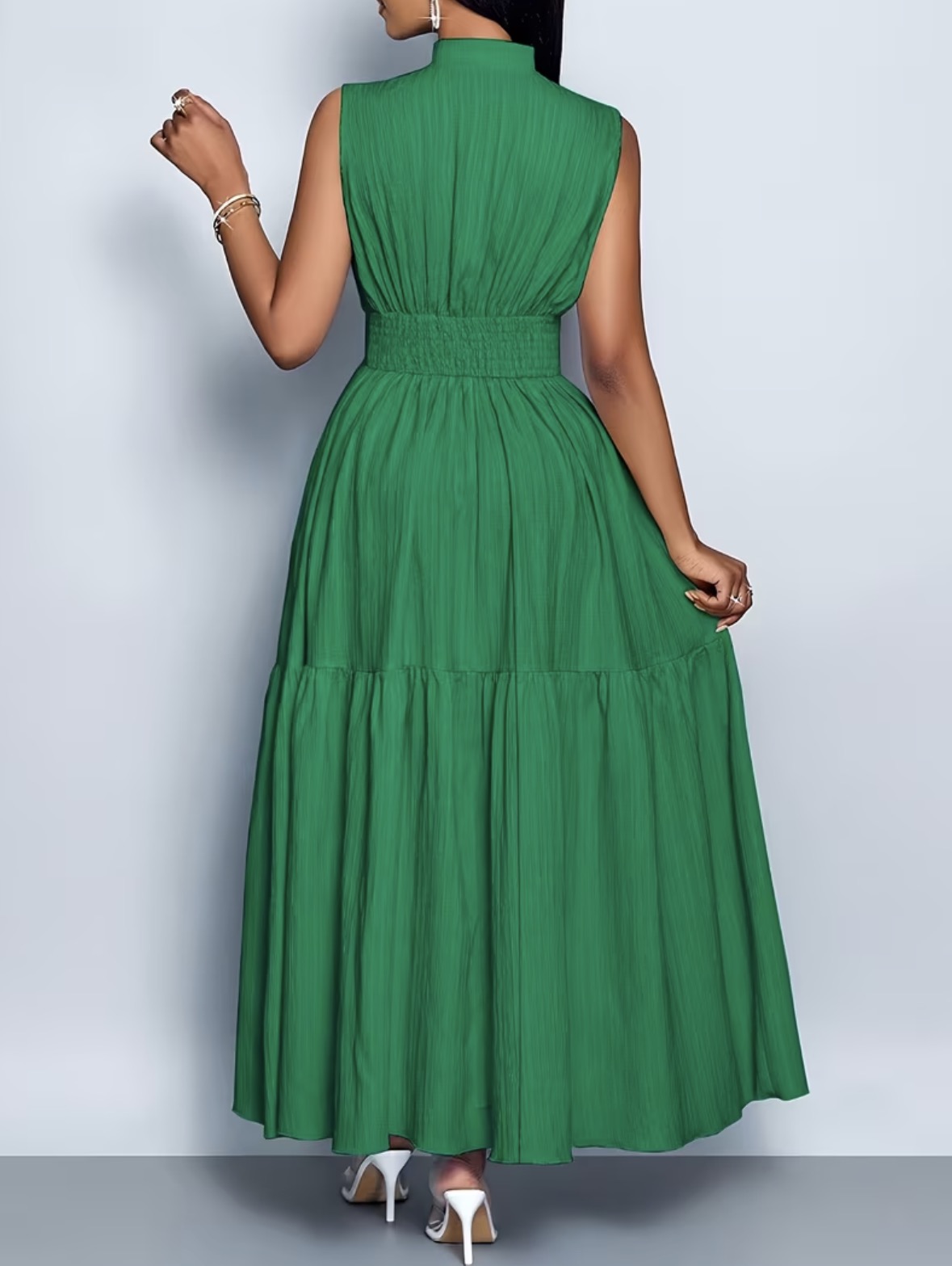 Sleevless Long Flared Dress - Green