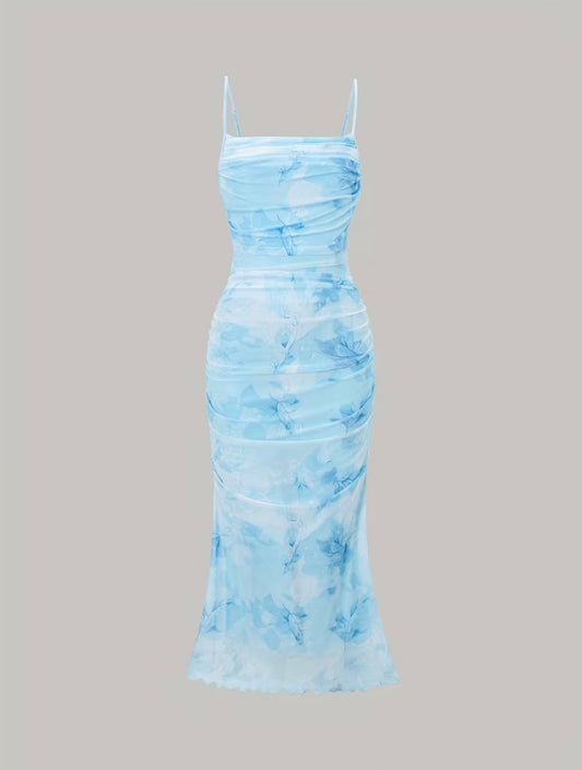 Floral Print Mesh Dress - Blue