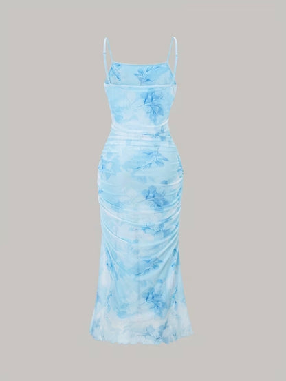 Floral Print Mesh Dress - Blue