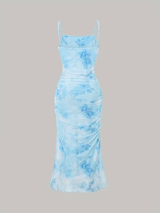 Floral Print Mesh Dress - Blue