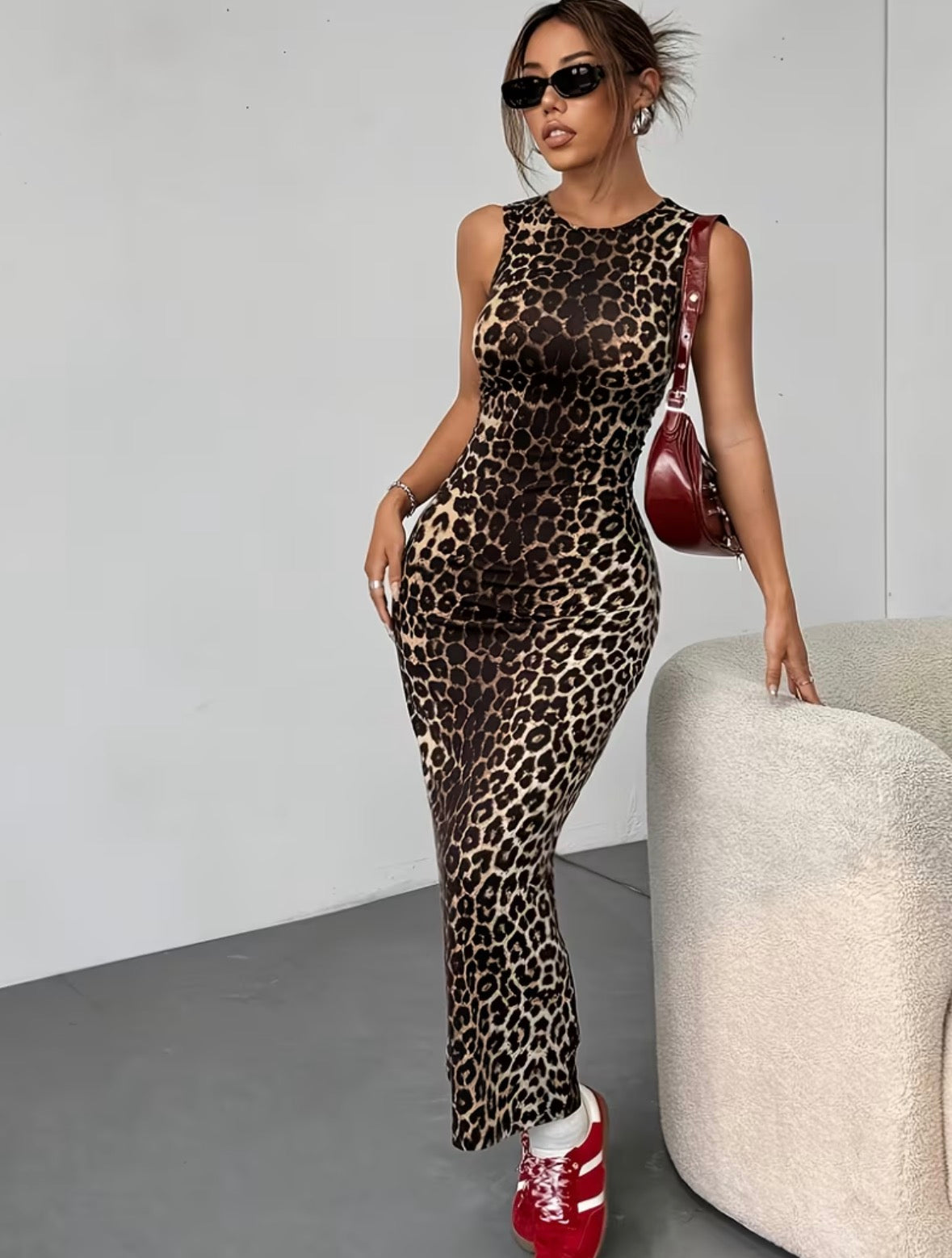Sleeveless Leopard Print Bodycon Dress - Dark Brown