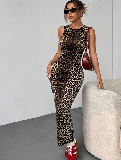 Sleeveless Leopard Print Bodycon Dress - Dark Brown