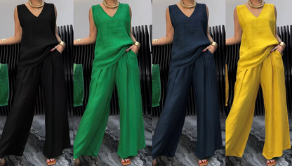 Sleeveless Loose wear Cord Set - 4 colors