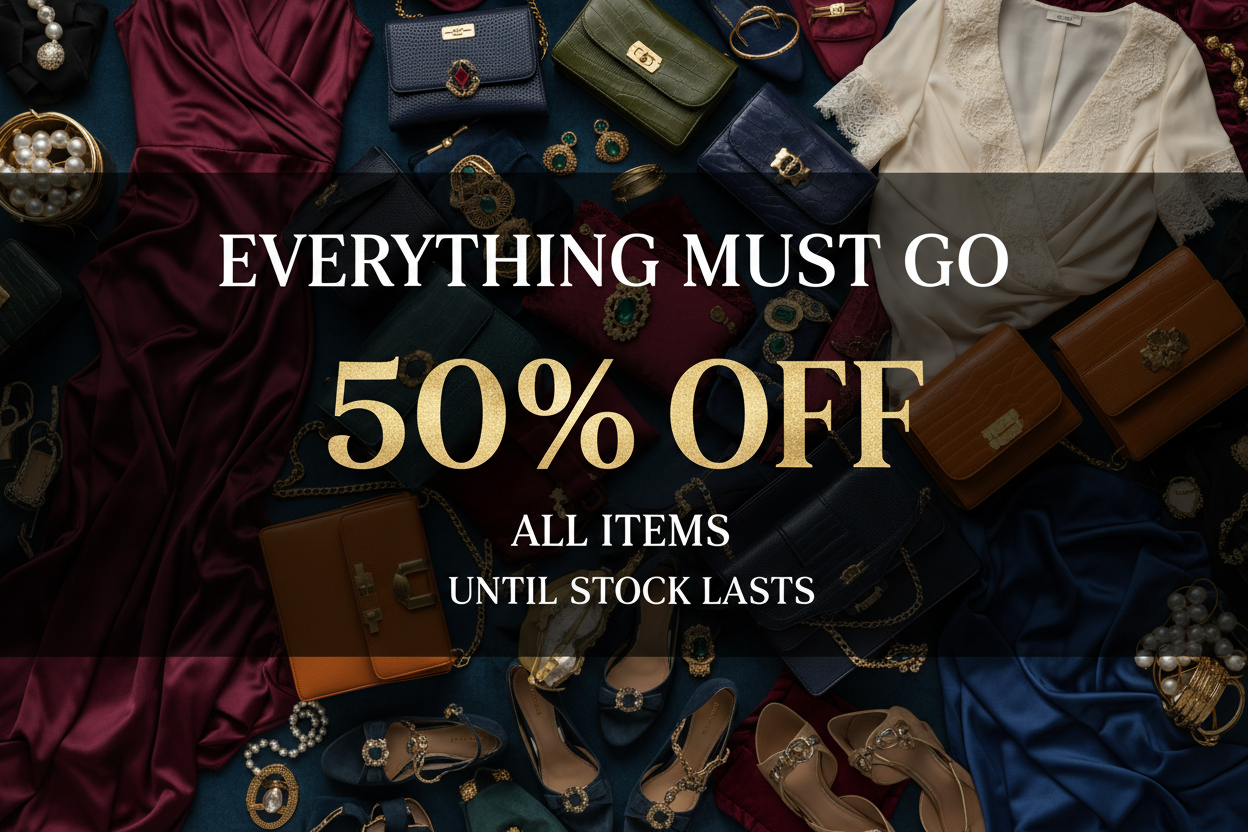 Everything Must Go banner with gold and white text